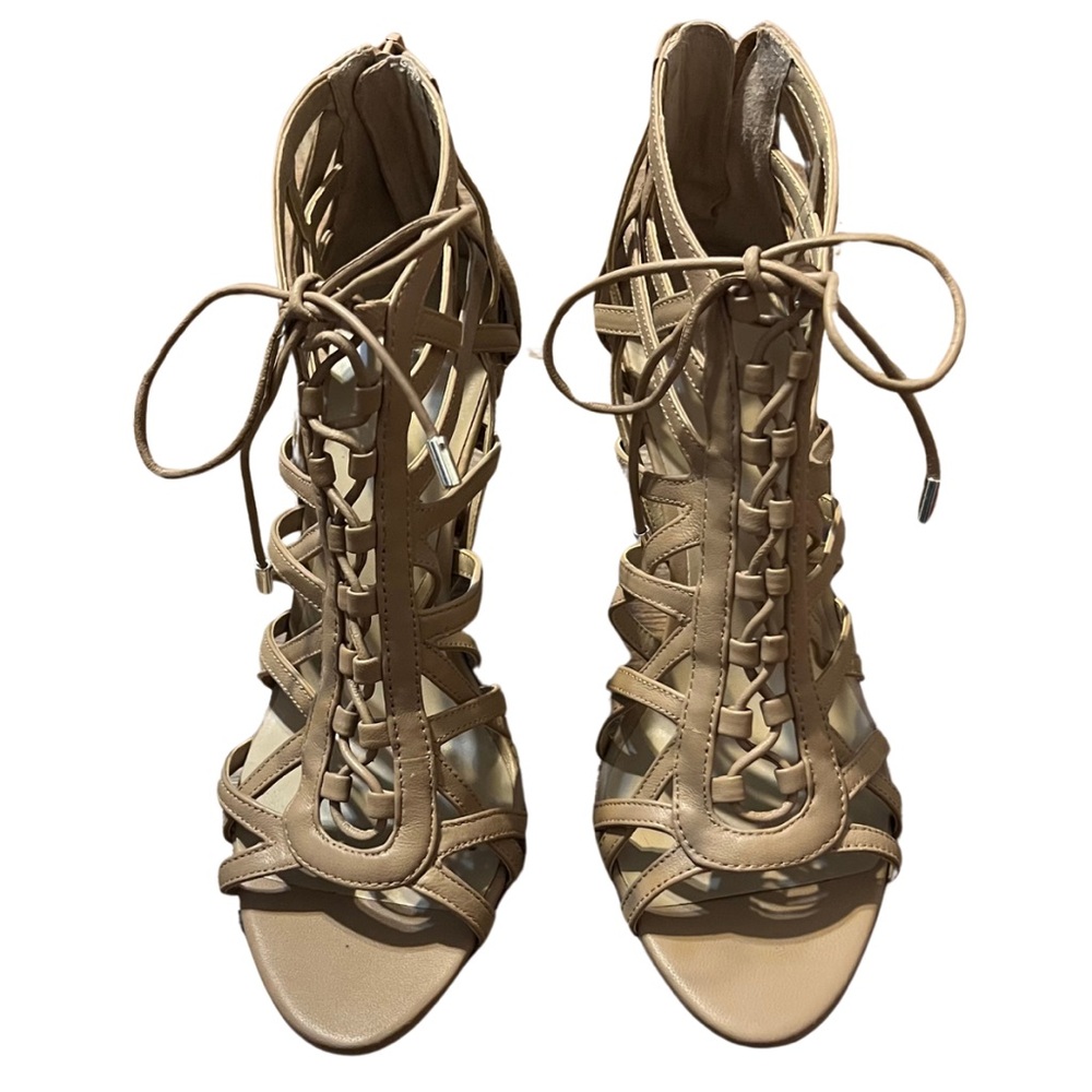 EUC Women’s Nine West Beige Lace-Up Heeled Sandals Size 8